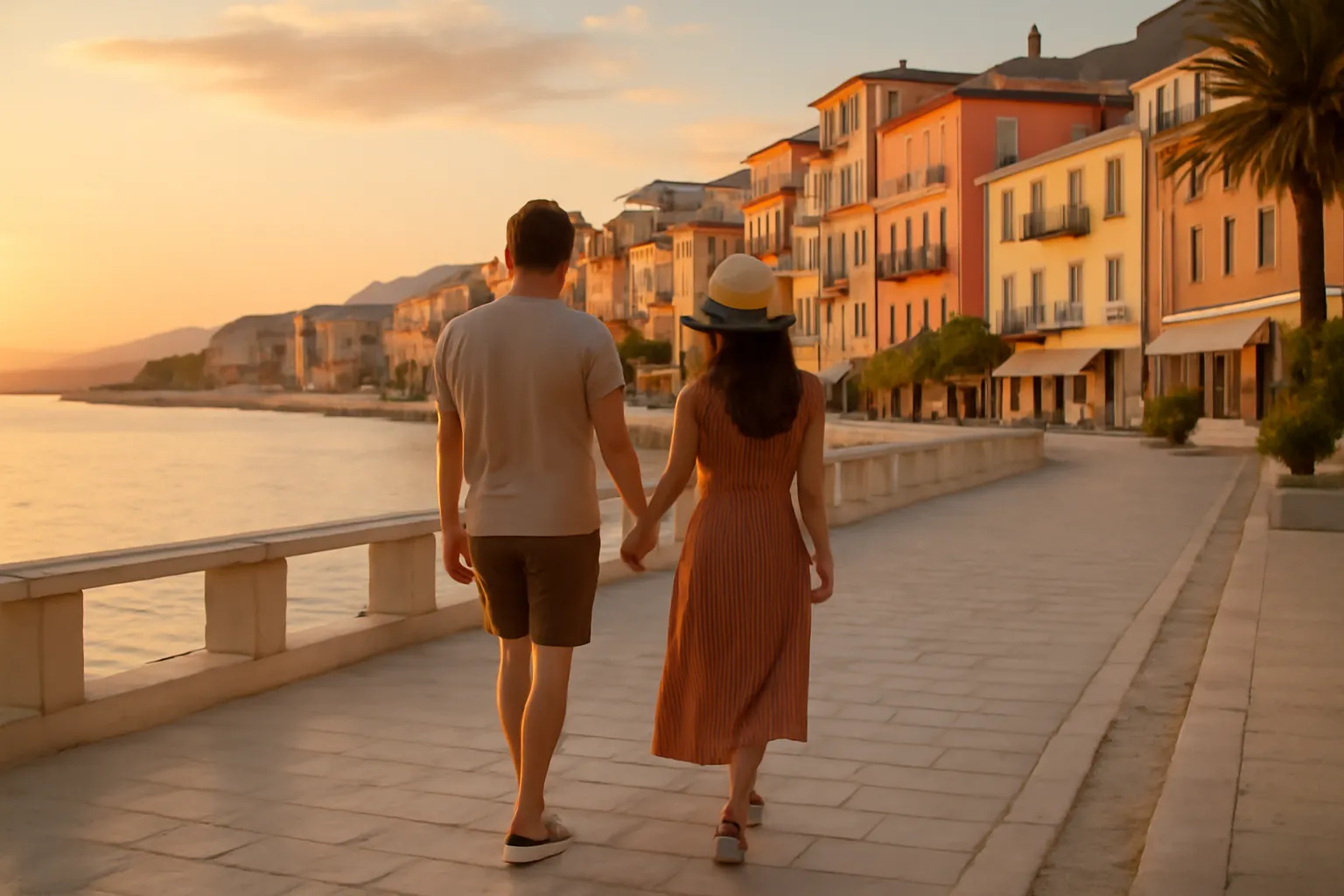 Couple sur la promenade albanaise au coucher du soleil