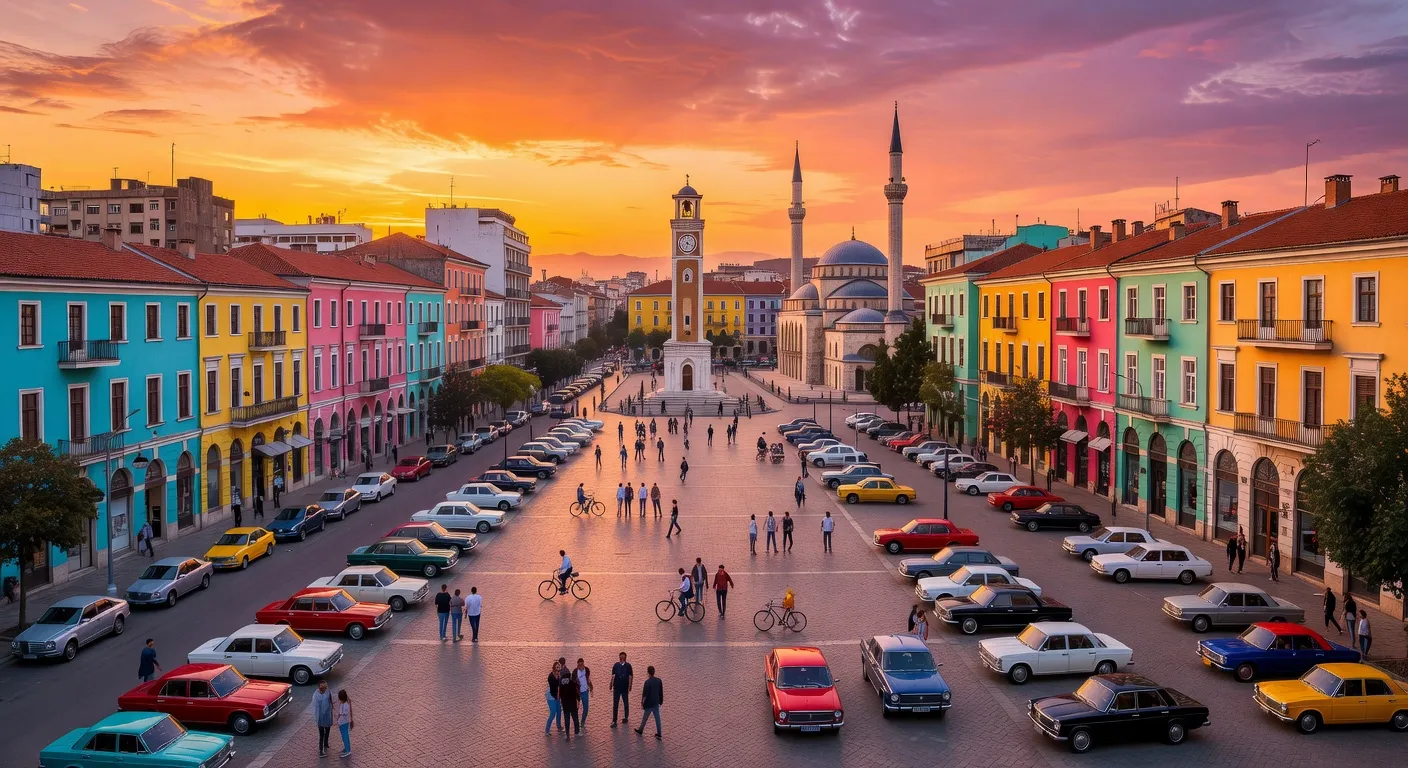 Vue panoramique de Tirana depuis la colline de Dajti avec la place Skanderbeg en premier plan