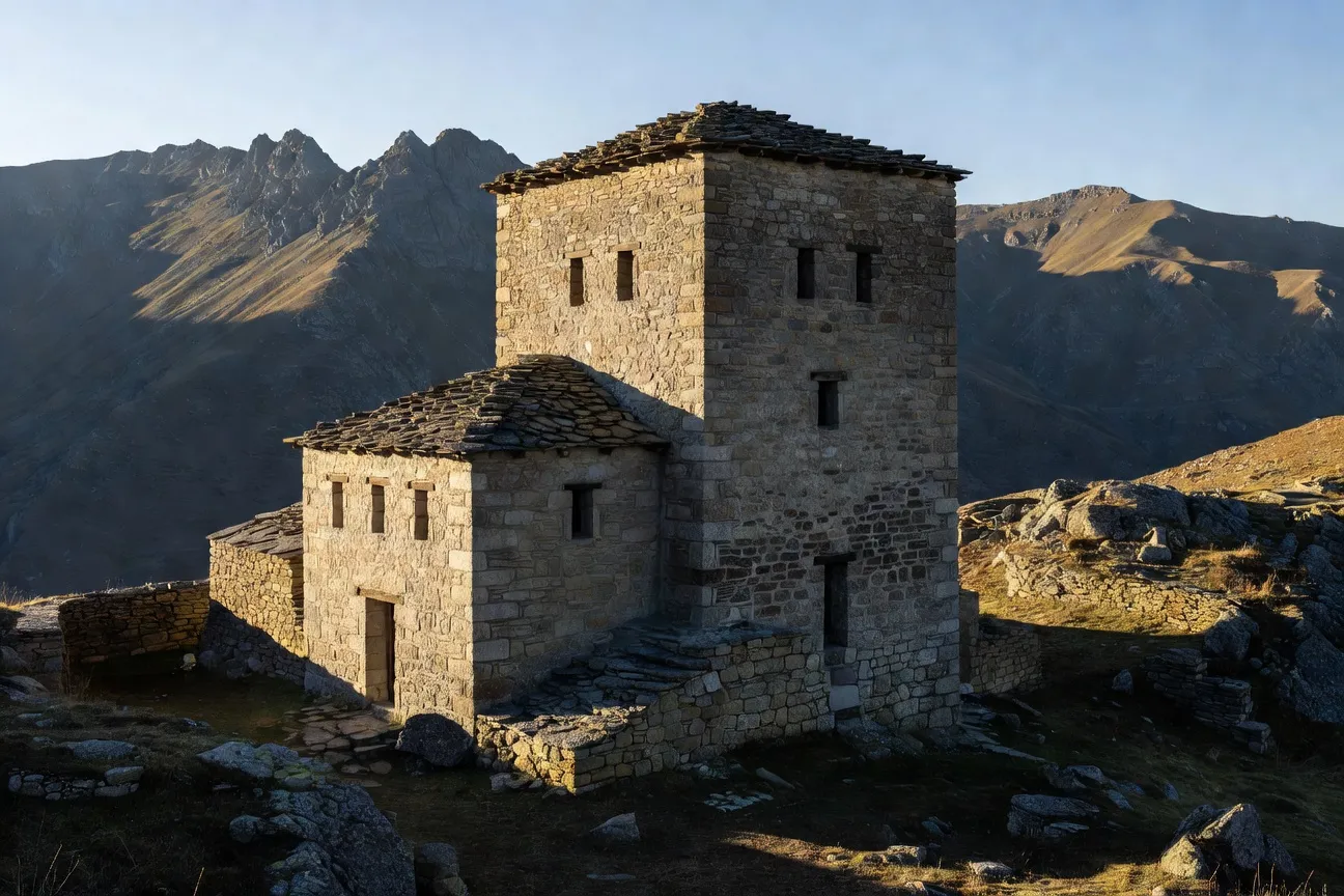 Maison de pierre fortifiee dans les Alpes albanaises du nord, region de la gjakmarrja