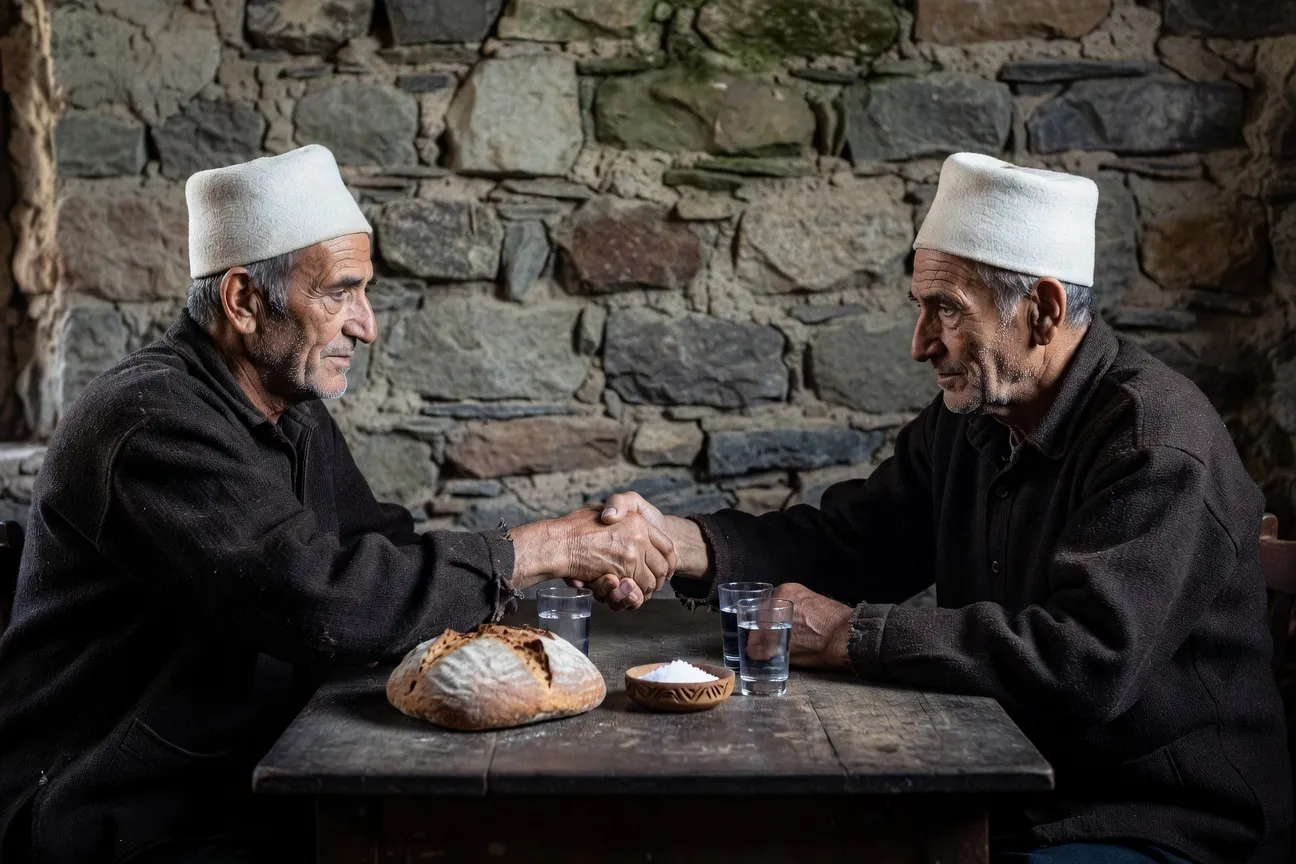 Reconciliation traditionnelle albanaise : partage du pain et du sel selon le rituel du pajtim